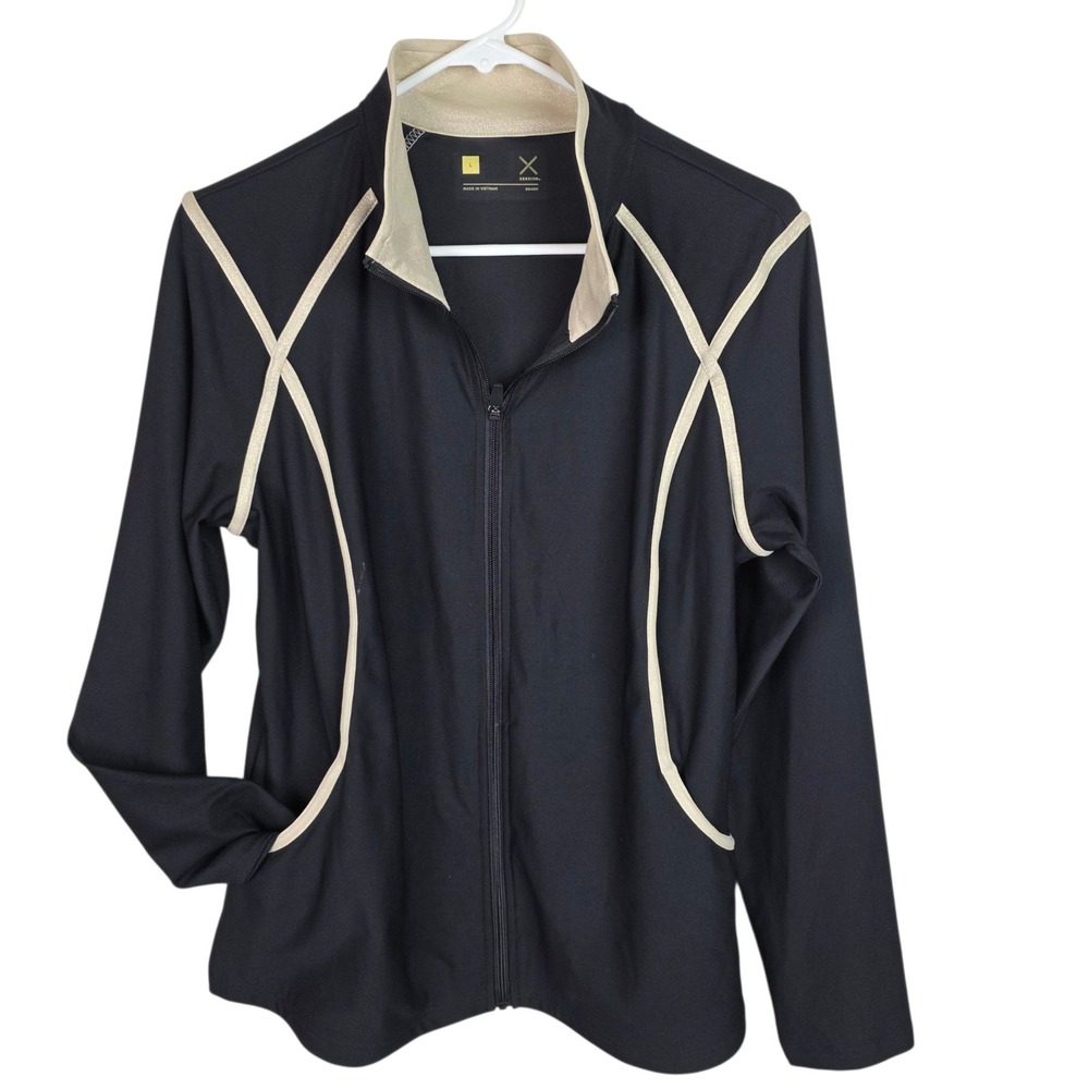 Xersion Track Jacket Womens Large Black Excellent Metallic Gold Trim Full Zip